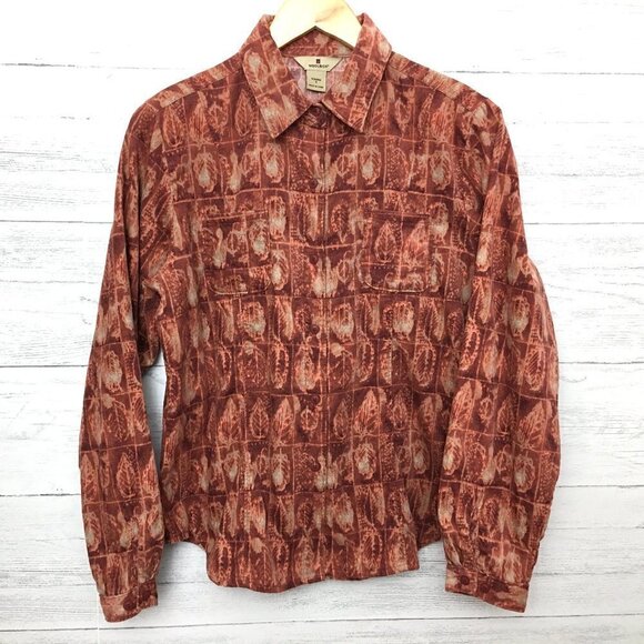 Woolrich Women's Rust Leaf Print Shirt Micro Wale Corduroy Button Front Small - Picture 1 of 10